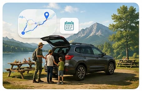 Famille faisant une pause pendant un voyage routier planifié avec Sebavia